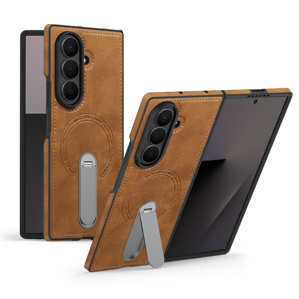 For Samsung Galaxy Z Fold7 5G Magnetic Case Rotating Kickstand Leather Coated PC Phone Cover - Brown