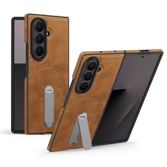 For Samsung Galaxy Z Fold7 5G Magnetic Case Rotating Kickstand Leather Coated PC Phone Cover - Brown