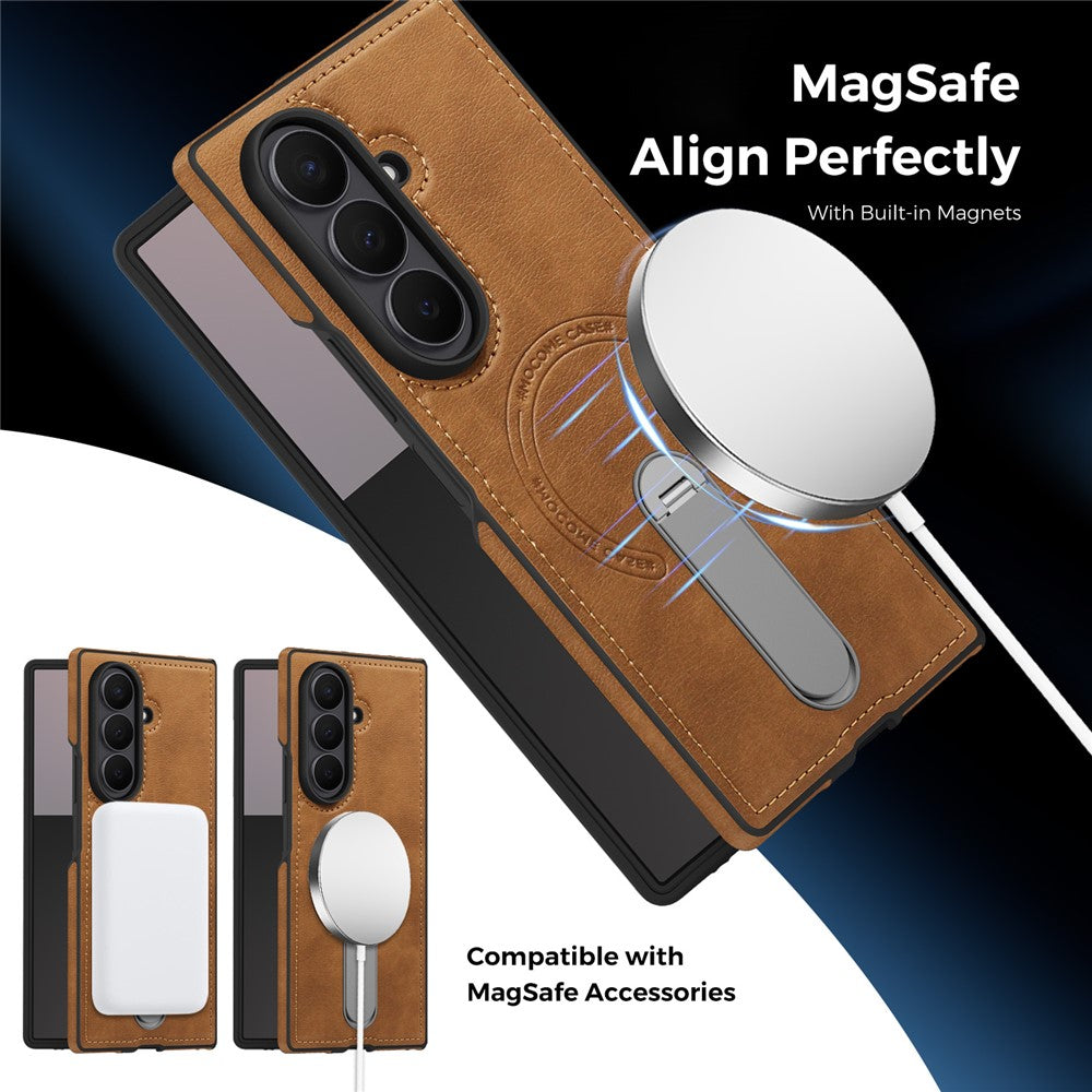 For Samsung Galaxy Z Fold7 5G Magnetic Case Rotating Kickstand Leather Coated PC Phone Cover - Brown