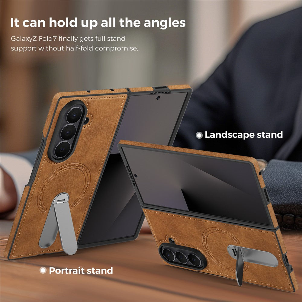 For Samsung Galaxy Z Fold7 5G Magnetic Case Rotating Kickstand Leather Coated PC Phone Cover - Brown