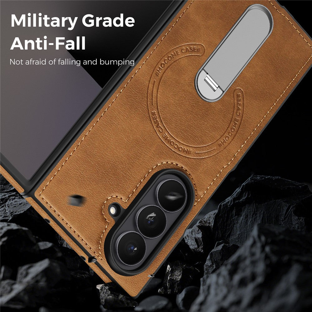 For Samsung Galaxy Z Fold7 5G Magnetic Case Rotating Kickstand Leather Coated PC Phone Cover - Brown