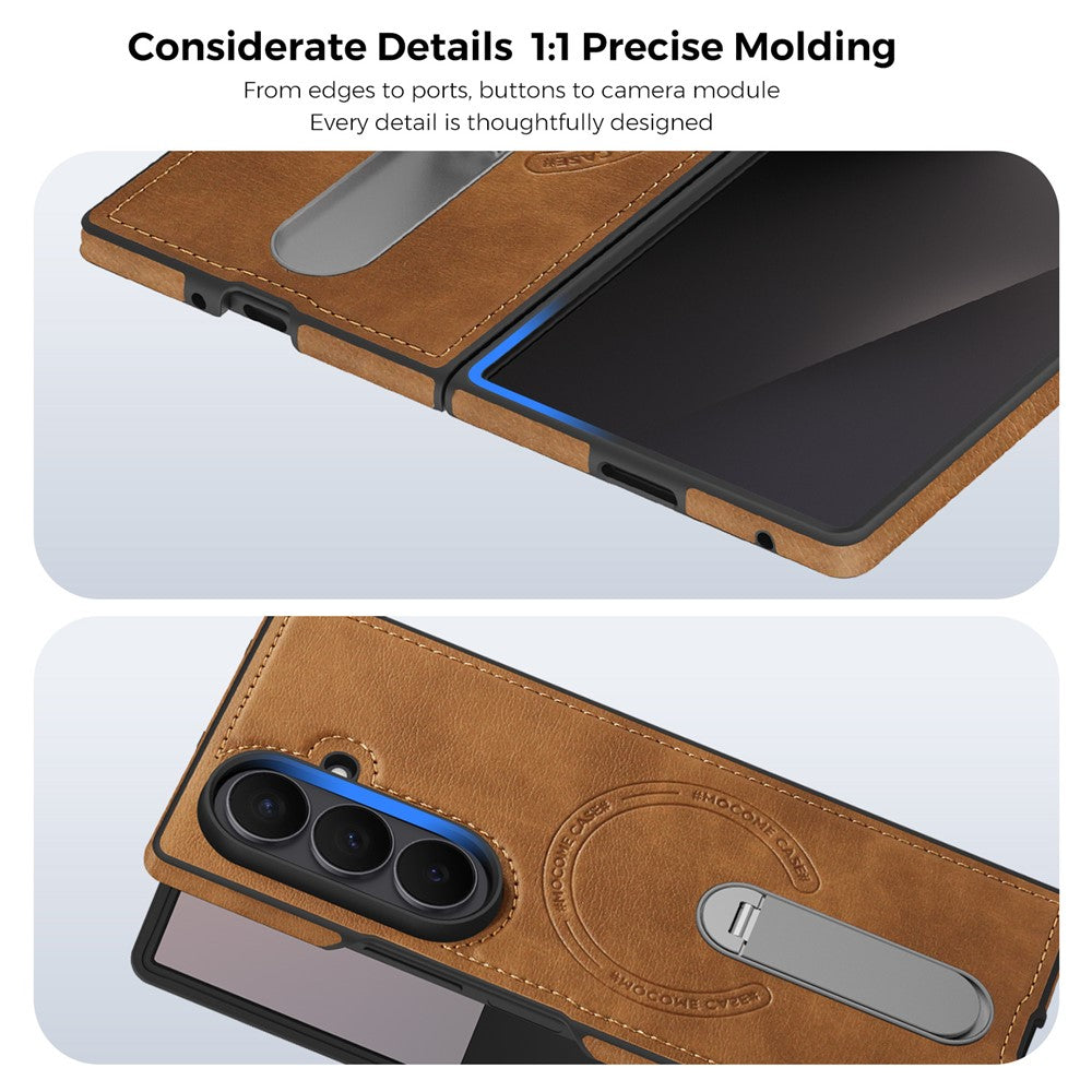 For Samsung Galaxy Z Fold7 5G Magnetic Case Rotating Kickstand Leather Coated PC Phone Cover - Brown