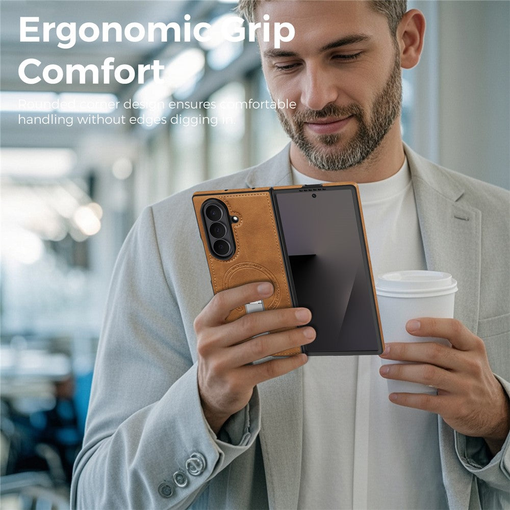 For Samsung Galaxy Z Fold7 5G Magnetic Case Rotating Kickstand Leather Coated PC Phone Cover - Brown