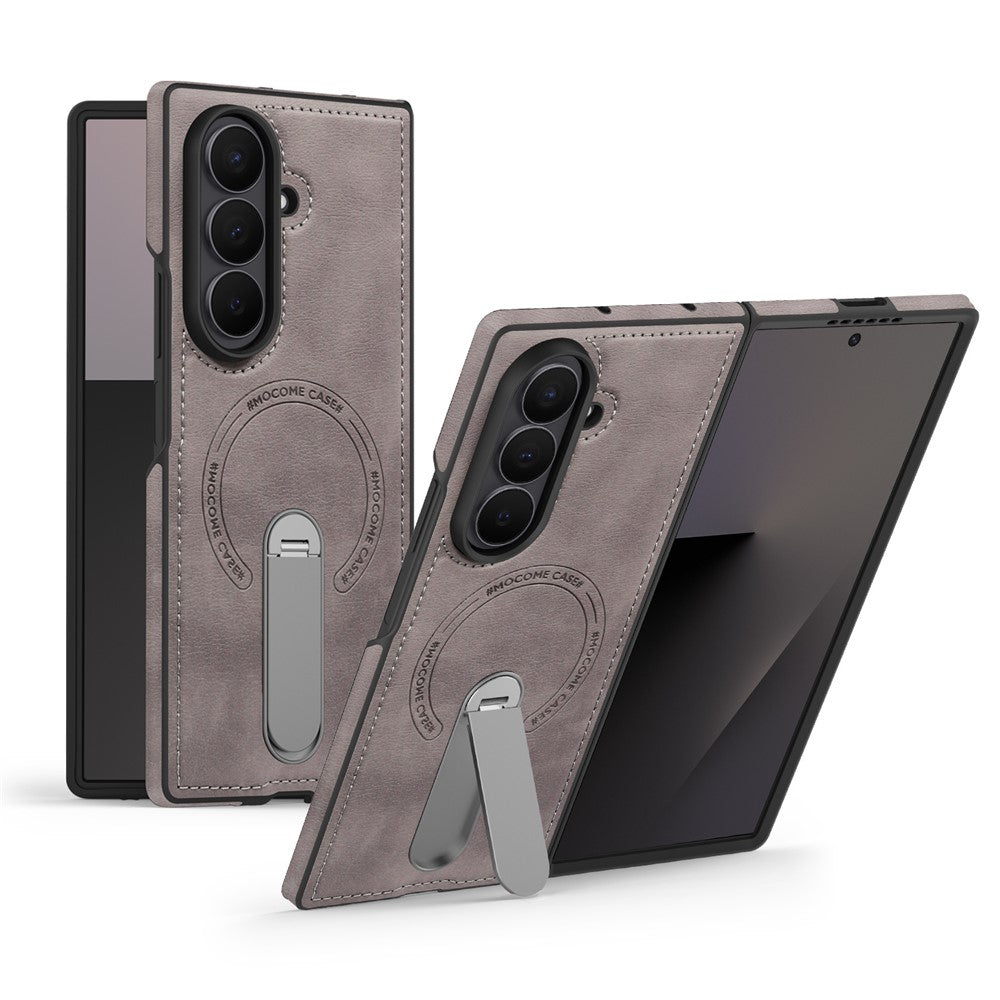 For Samsung Galaxy Z Fold7 5G Magnetic Case Rotating Kickstand Leather Coated PC Phone Cover - Grey
