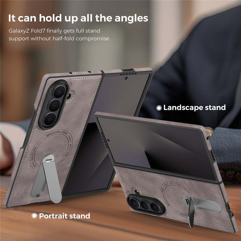 For Samsung Galaxy Z Fold7 5G Magnetic Case Rotating Kickstand Leather Coated PC Phone Cover - Grey