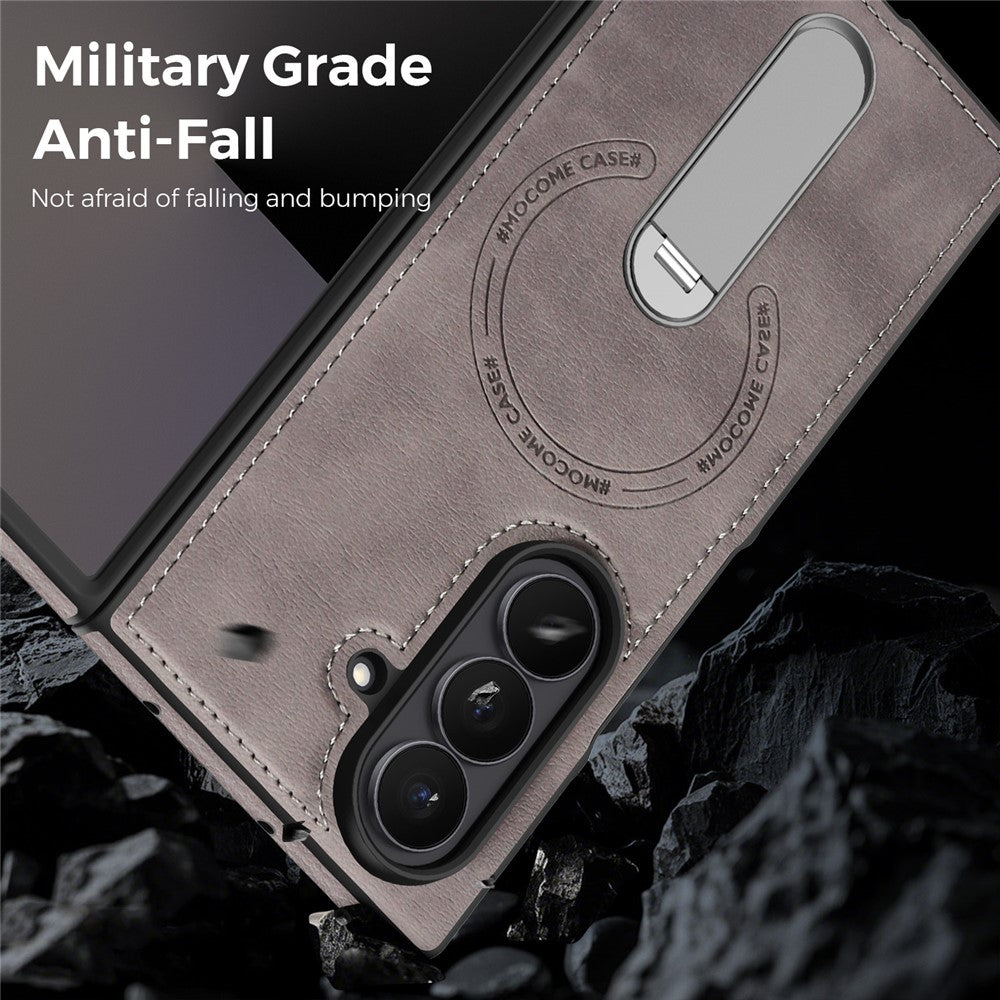 For Samsung Galaxy Z Fold7 5G Magnetic Case Rotating Kickstand Leather Coated PC Phone Cover - Grey