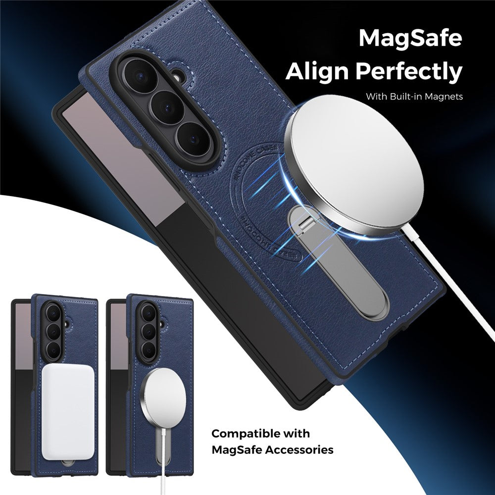 For Samsung Galaxy Z Fold7 5G Magnetic Case Rotating Kickstand Leather Coated PC Phone Cover - Sapphire