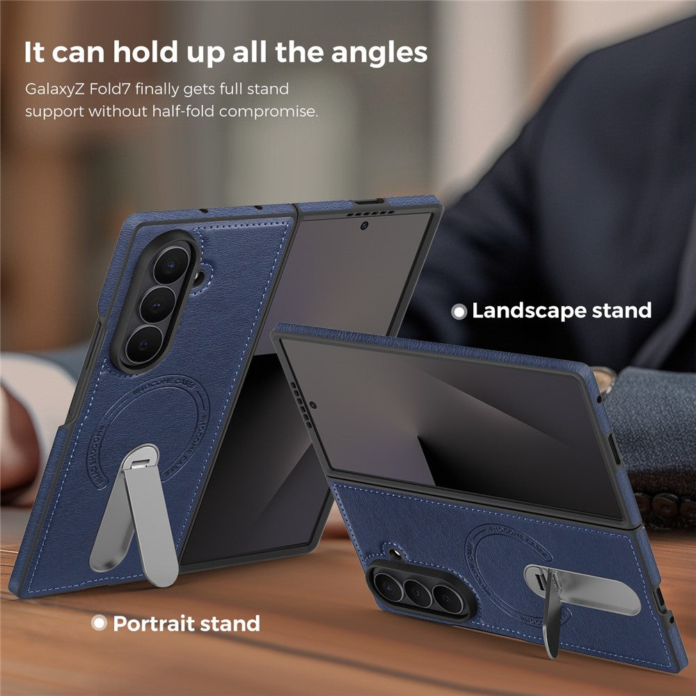 For Samsung Galaxy Z Fold7 5G Magnetic Case Rotating Kickstand Leather Coated PC Phone Cover - Sapphire