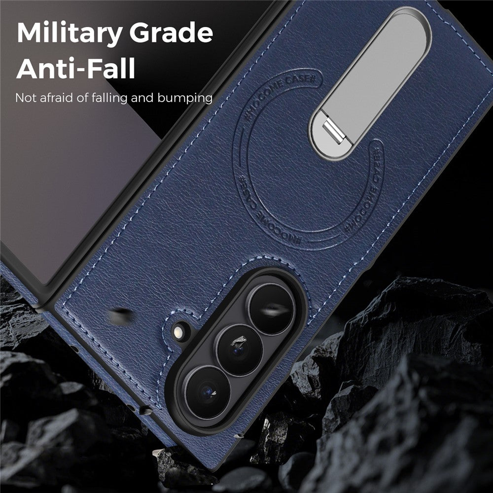 For Samsung Galaxy Z Fold7 5G Magnetic Case Rotating Kickstand Leather Coated PC Phone Cover - Sapphire