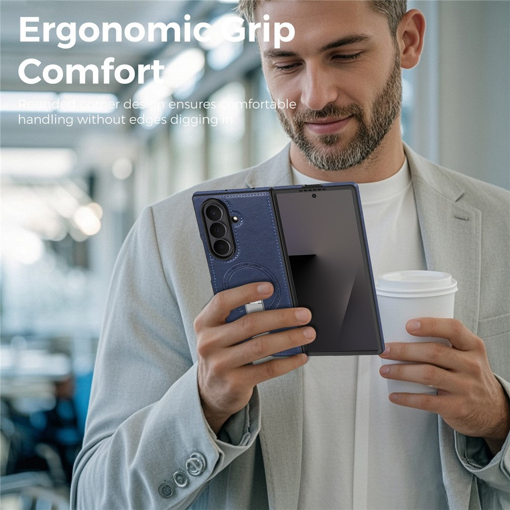 For Samsung Galaxy Z Fold7 5G Magnetic Case Rotating Kickstand Leather Coated PC Phone Cover - Sapphire