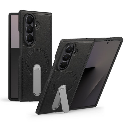 For Samsung Galaxy Z Fold7 5G Magnetic Case Rotating Kickstand Leather Coated PC Phone Cover - Black