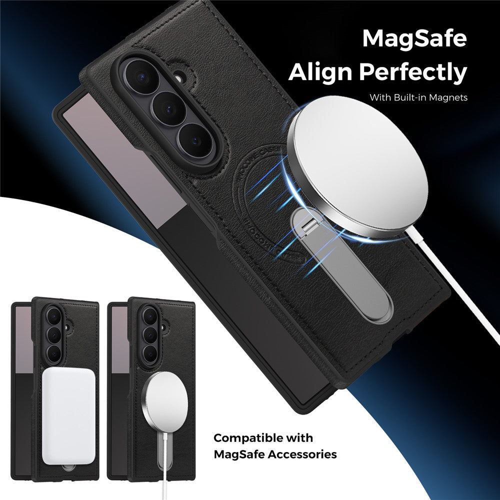 For Samsung Galaxy Z Fold7 5G Magnetic Case Rotating Kickstand Leather Coated PC Phone Cover - Black