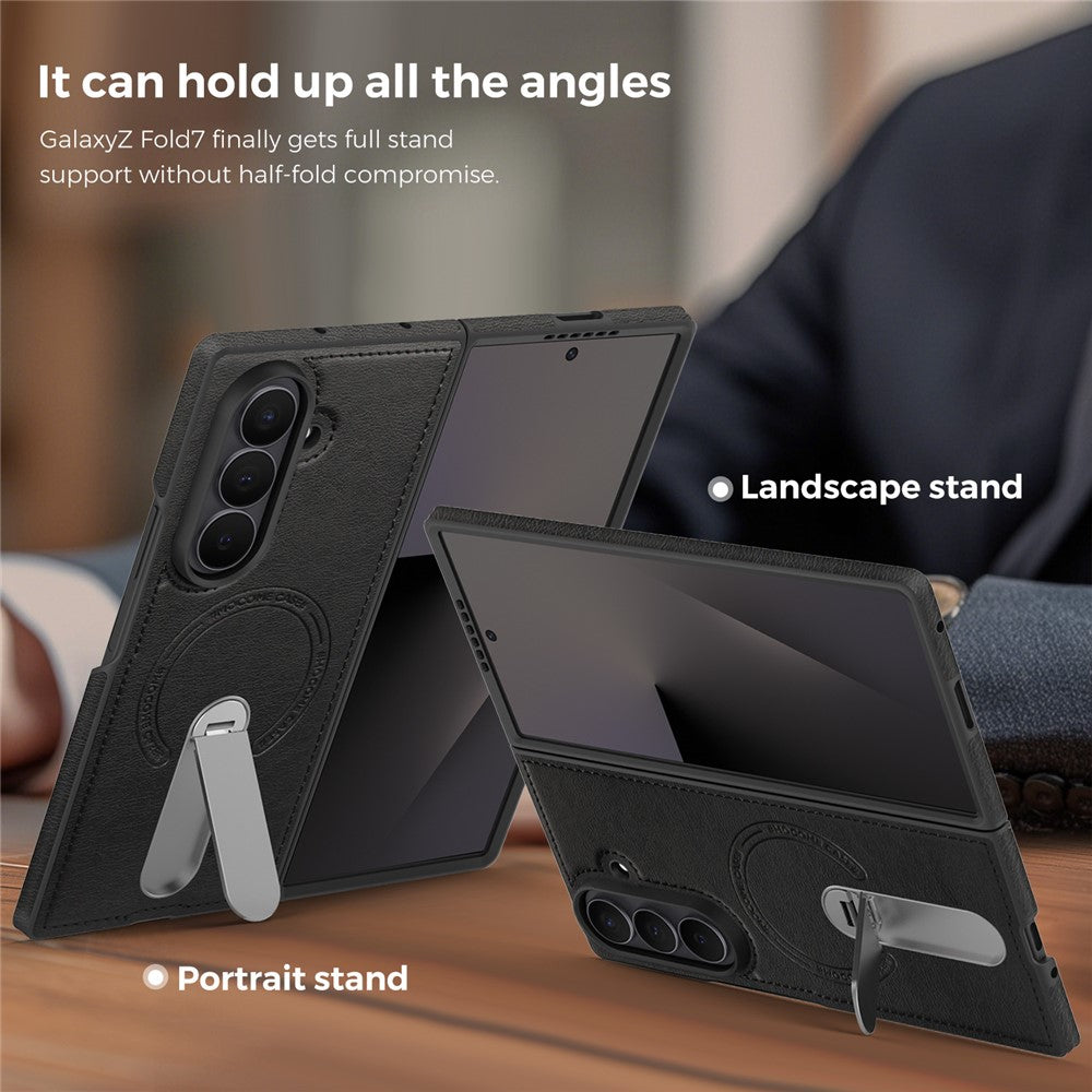 For Samsung Galaxy Z Fold7 5G Magnetic Case Rotating Kickstand Leather Coated PC Phone Cover - Black