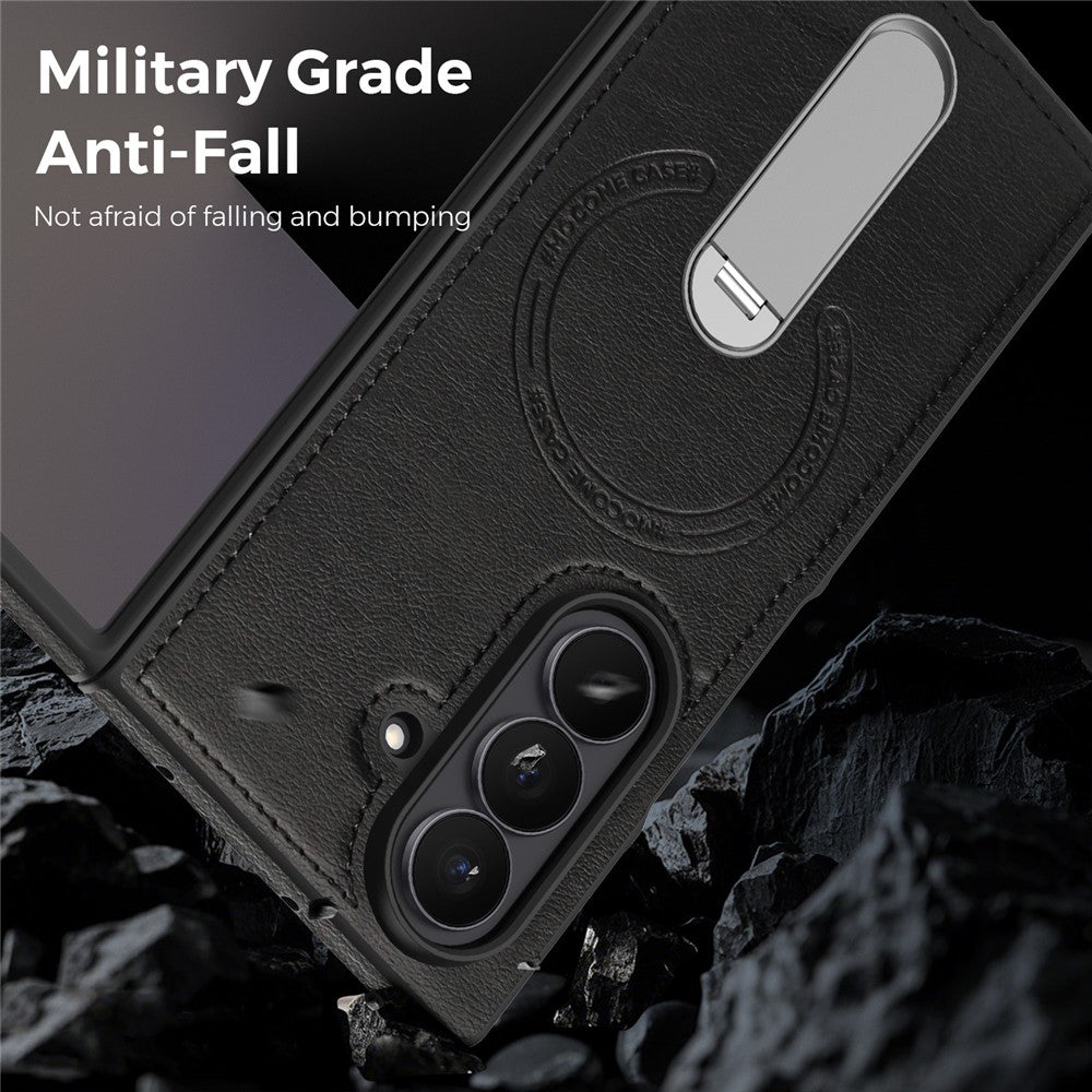 For Samsung Galaxy Z Fold7 5G Magnetic Case Rotating Kickstand Leather Coated PC Phone Cover - Black