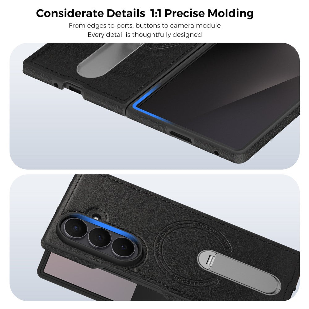 For Samsung Galaxy Z Fold7 5G Magnetic Case Rotating Kickstand Leather Coated PC Phone Cover - Black