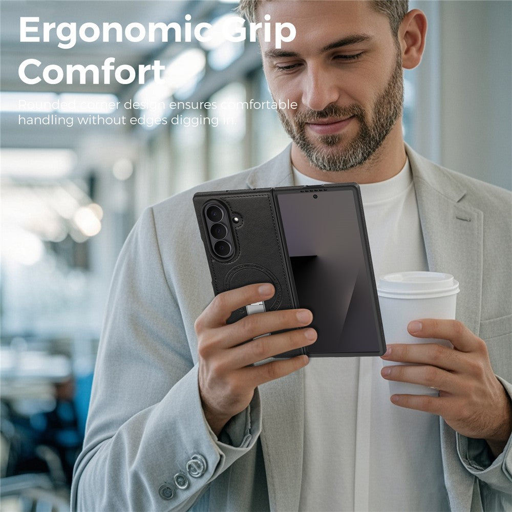 For Samsung Galaxy Z Fold7 5G Magnetic Case Rotating Kickstand Leather Coated PC Phone Cover - Black