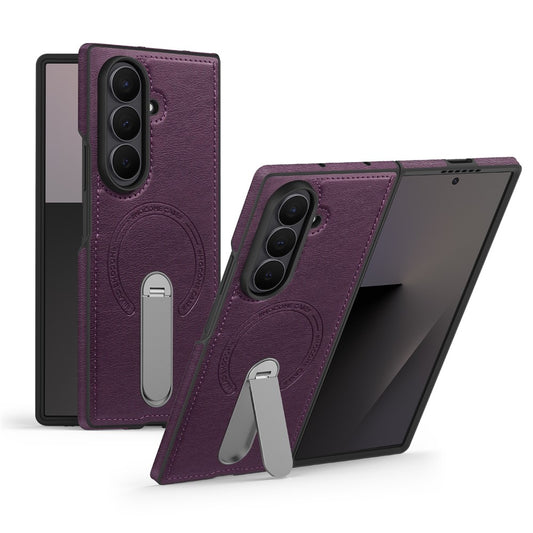For Samsung Galaxy Z Fold7 5G Magnetic Case Rotating Kickstand Leather Coated PC Phone Cover - Dark Purple