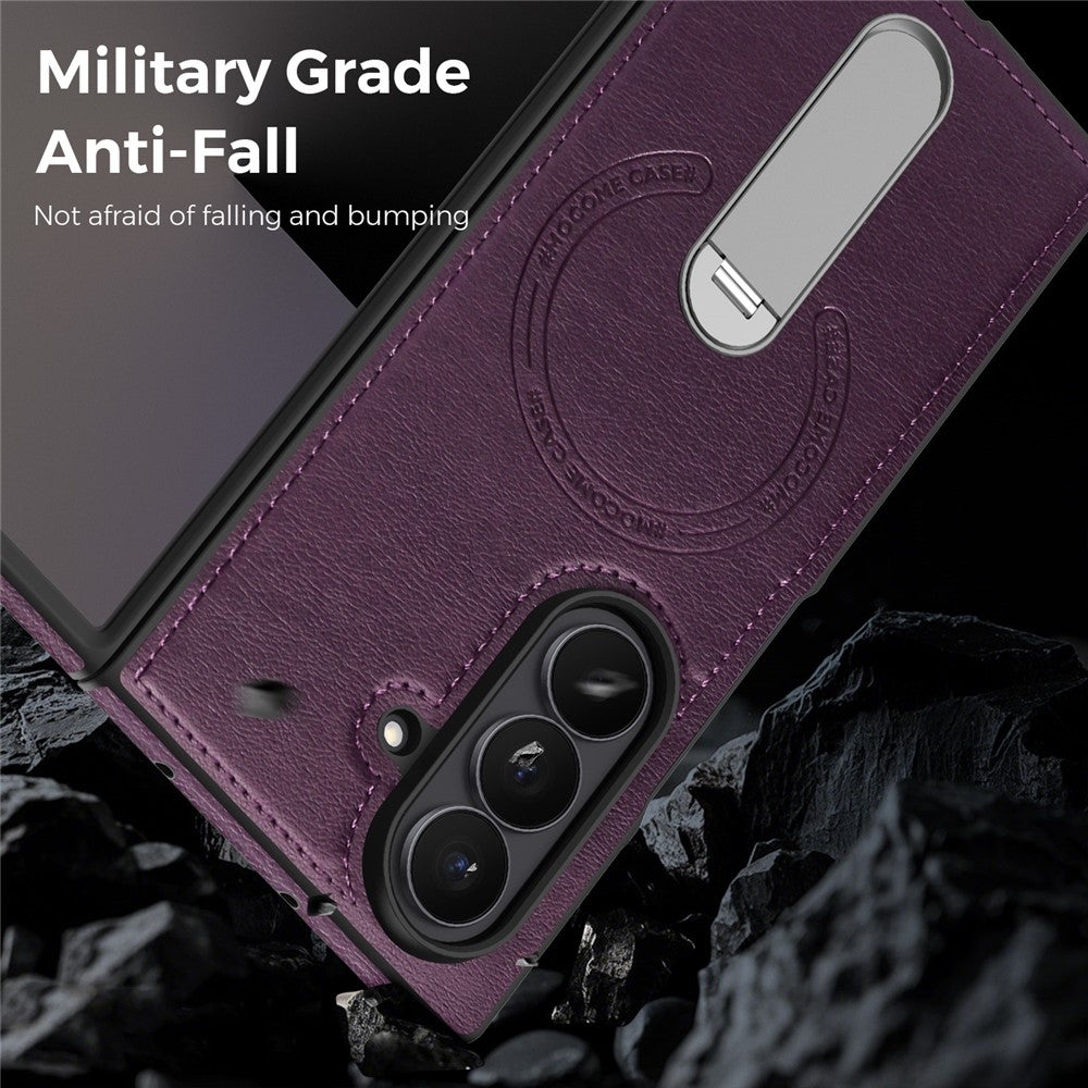 For Samsung Galaxy Z Fold7 5G Magnetic Case Rotating Kickstand Leather Coated PC Phone Cover - Dark Purple