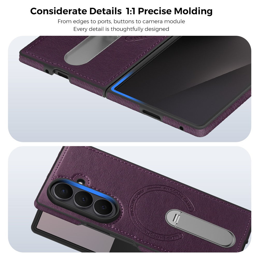 For Samsung Galaxy Z Fold7 5G Magnetic Case Rotating Kickstand Leather Coated PC Phone Cover - Dark Purple