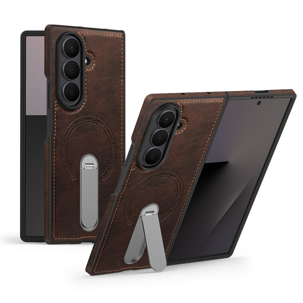 For Samsung Galaxy Z Fold7 5G Magnetic Case Rotating Kickstand Leather Coated PC Phone Cover - Coffee