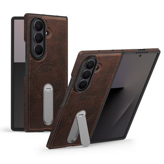 For Samsung Galaxy Z Fold7 5G Magnetic Case Rotating Kickstand Leather Coated PC Phone Cover - Coffee