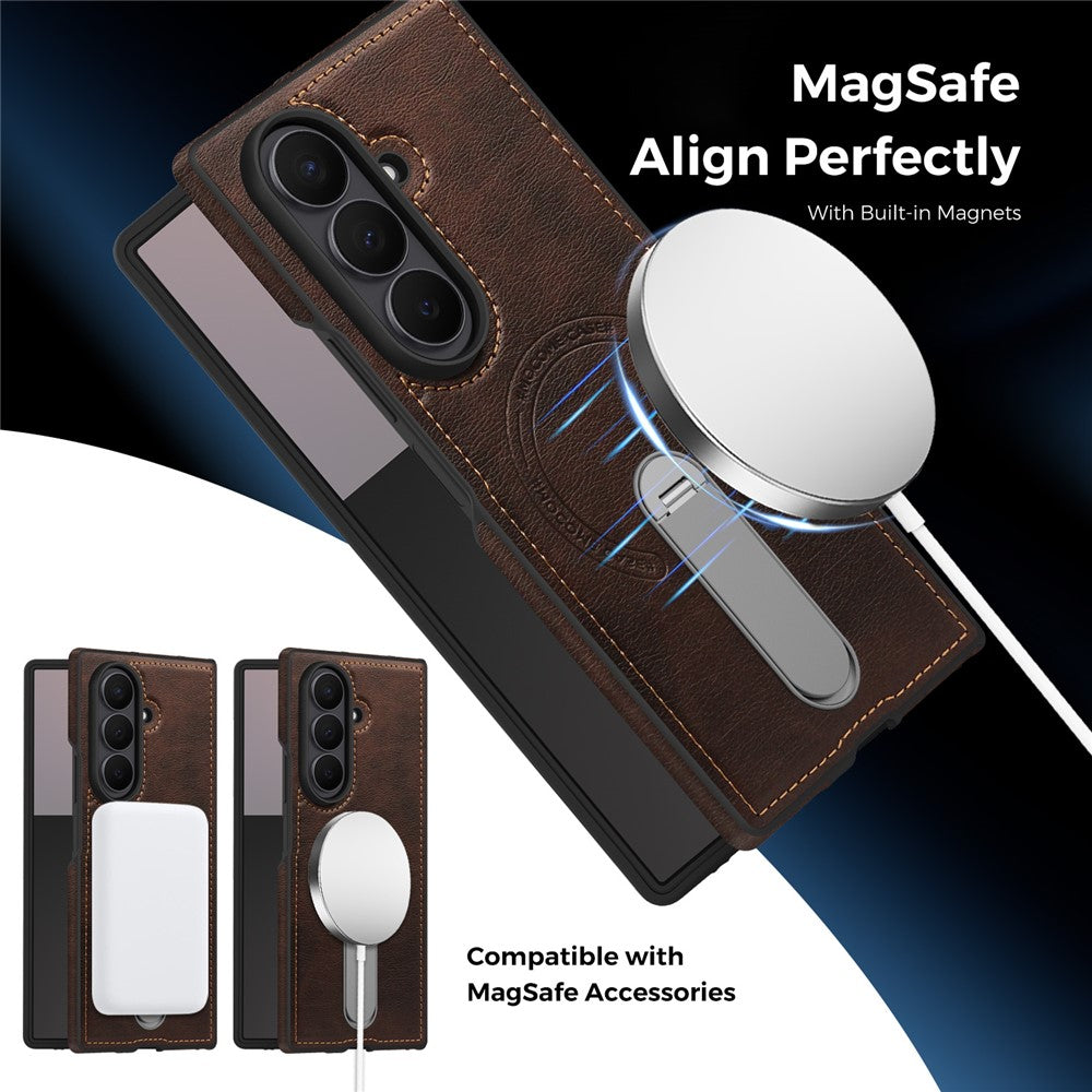 For Samsung Galaxy Z Fold7 5G Magnetic Case Rotating Kickstand Leather Coated PC Phone Cover - Coffee