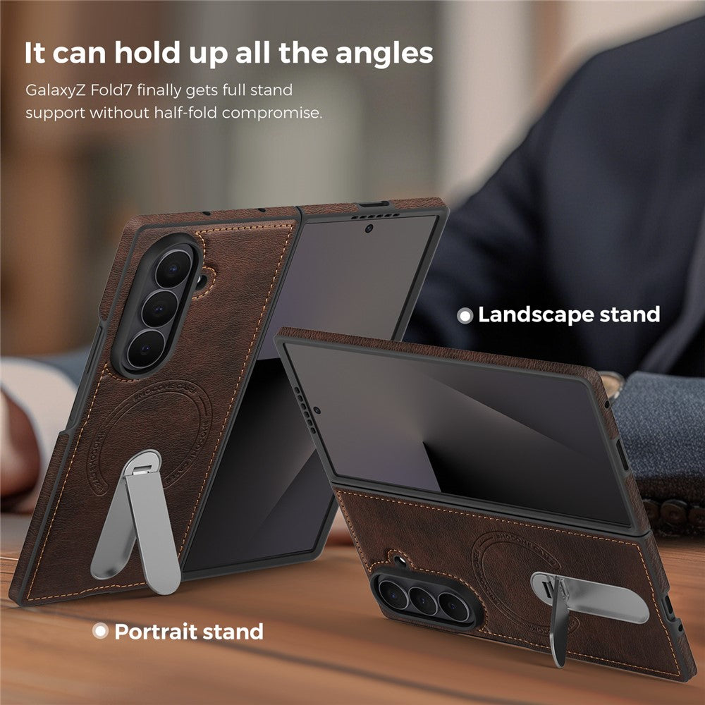For Samsung Galaxy Z Fold7 5G Magnetic Case Rotating Kickstand Leather Coated PC Phone Cover - Coffee