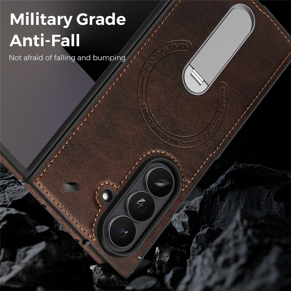 For Samsung Galaxy Z Fold7 5G Magnetic Case Rotating Kickstand Leather Coated PC Phone Cover - Coffee