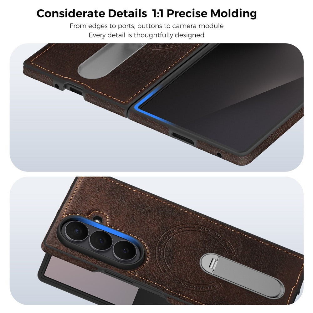 For Samsung Galaxy Z Fold7 5G Magnetic Case Rotating Kickstand Leather Coated PC Phone Cover - Coffee