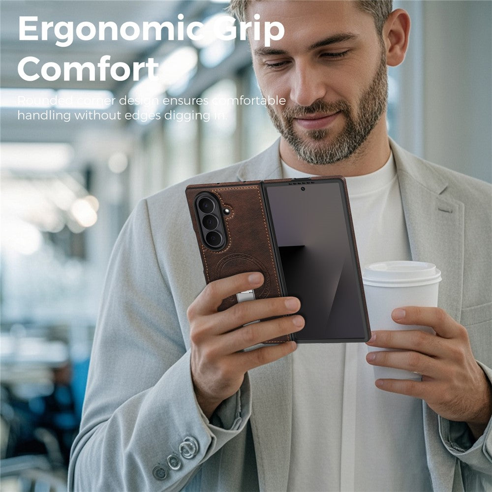 For Samsung Galaxy Z Fold7 5G Magnetic Case Rotating Kickstand Leather Coated PC Phone Cover - Coffee