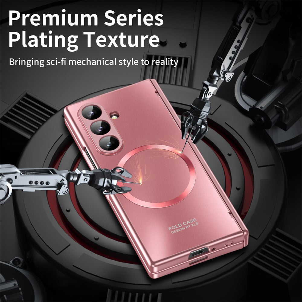 For Samsung Galaxy Z Fold7 5G Case Electroplated PC Magnetic Phone Cover with Tempered Glass Film - Rose Gold