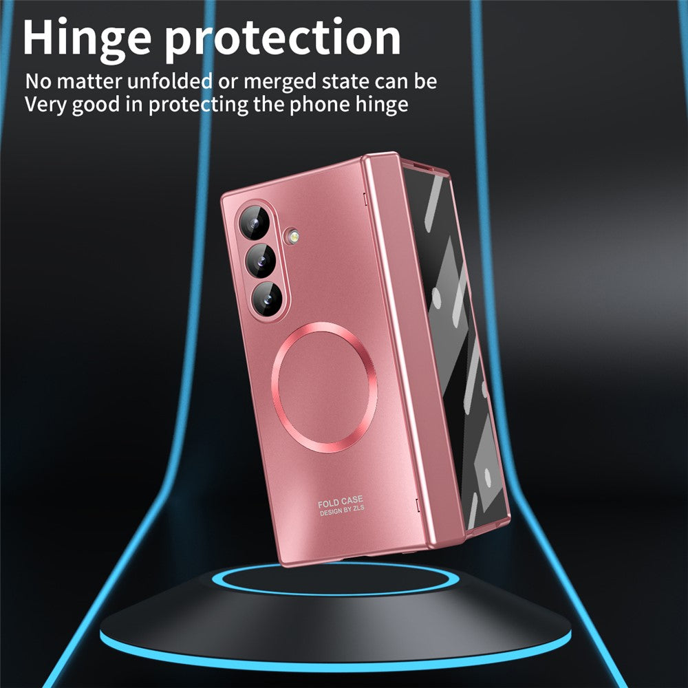 For Samsung Galaxy Z Fold7 5G Case Electroplated PC Magnetic Phone Cover with Tempered Glass Film - Rose Gold