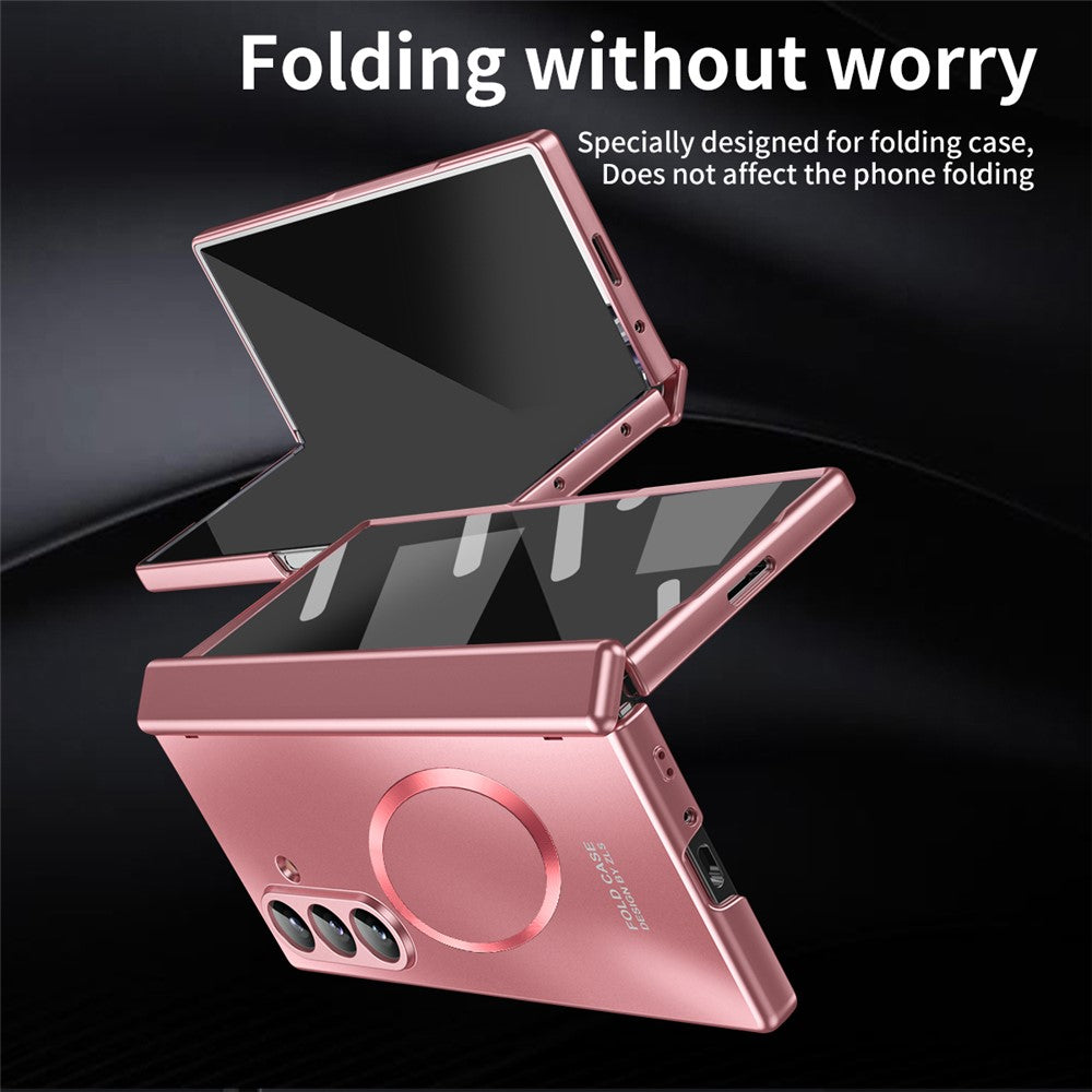 For Samsung Galaxy Z Fold7 5G Case Electroplated PC Magnetic Phone Cover with Tempered Glass Film - Rose Gold