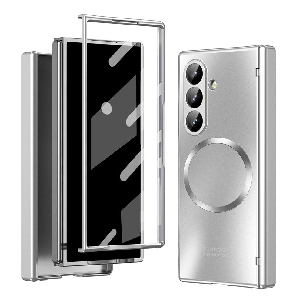 For Samsung Galaxy Z Fold7 5G Case Electroplated PC Magnetic Phone Cover with Tempered Glass Film - Silver