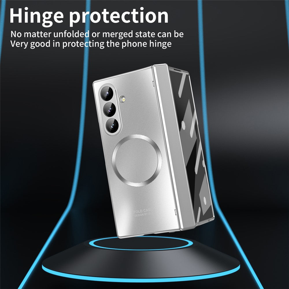 For Samsung Galaxy Z Fold7 5G Case Electroplated PC Magnetic Phone Cover with Tempered Glass Film - Silver