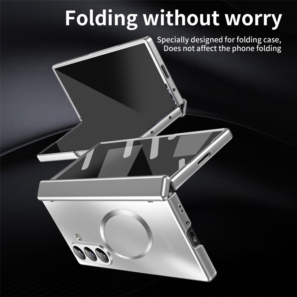 For Samsung Galaxy Z Fold7 5G Case Electroplated PC Magnetic Phone Cover with Tempered Glass Film - Silver