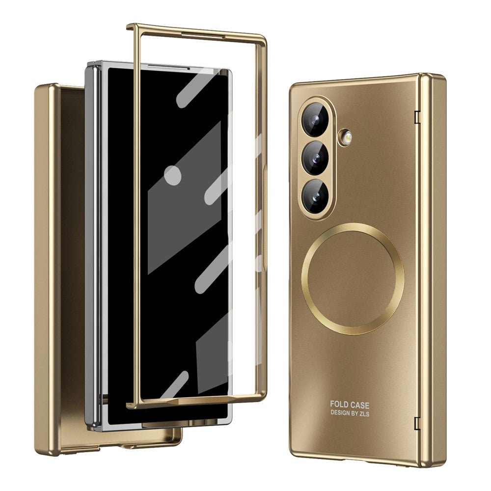 For Samsung Galaxy Z Fold7 5G Case Electroplated PC Magnetic Phone Cover with Tempered Glass Film - Champagne Gold