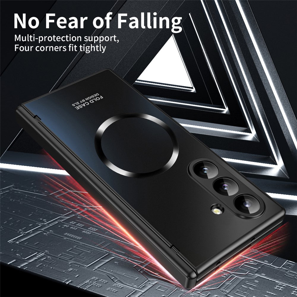 For Samsung Galaxy Z Fold7 5G Case Electroplated PC Magnetic Phone Cover with Tempered Glass Film - Black