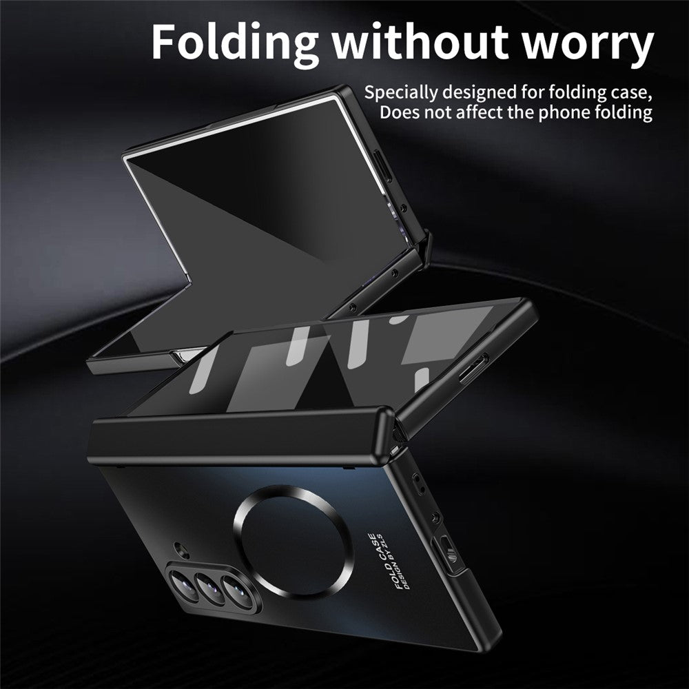For Samsung Galaxy Z Fold7 5G Case Electroplated PC Magnetic Phone Cover with Tempered Glass Film - Black