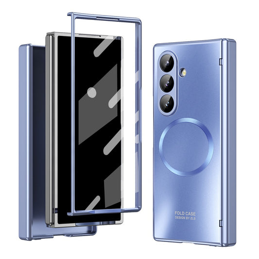 For Samsung Galaxy Z Fold7 5G Case Electroplated PC Magnetic Phone Cover with Tempered Glass Film - Blue