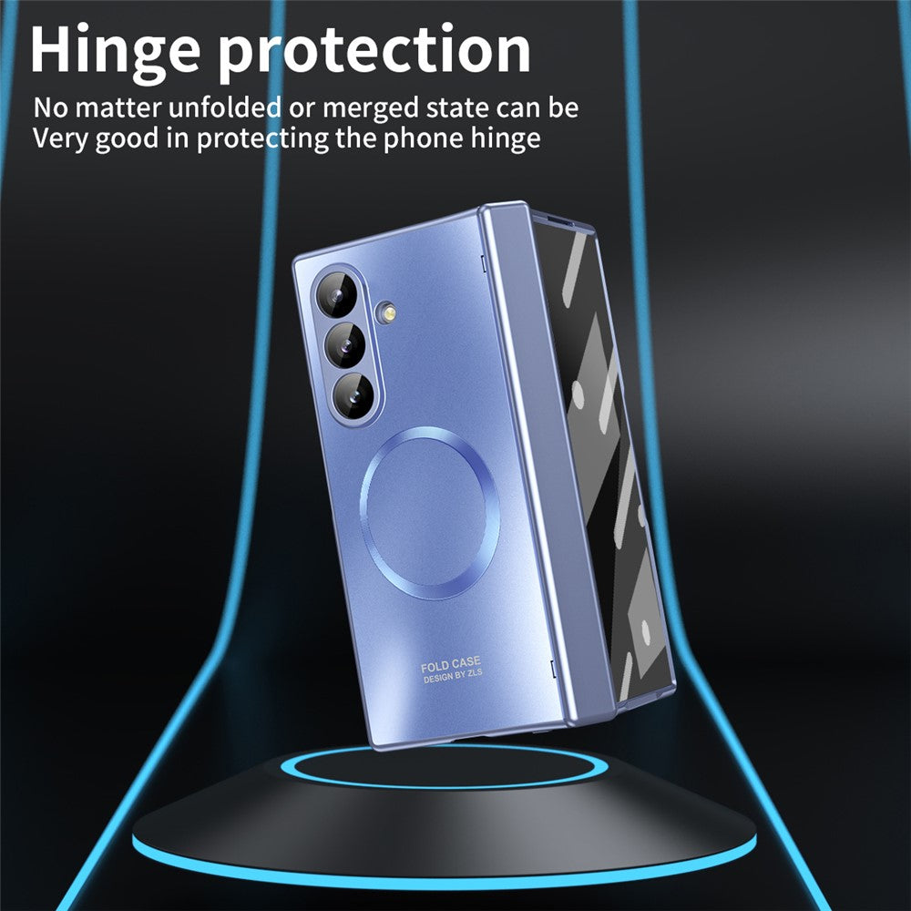 For Samsung Galaxy Z Fold7 5G Case Electroplated PC Magnetic Phone Cover with Tempered Glass Film - Blue