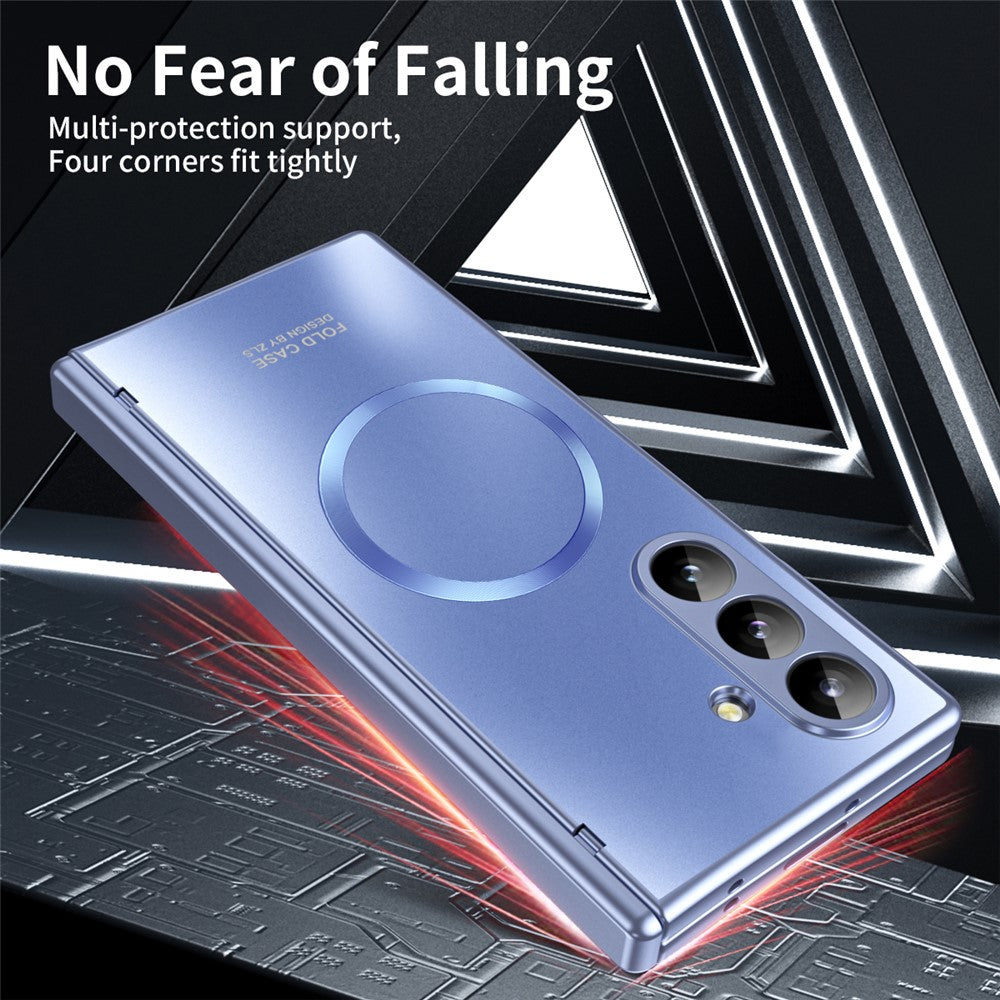 For Samsung Galaxy Z Fold7 5G Case Electroplated PC Magnetic Phone Cover with Tempered Glass Film - Blue