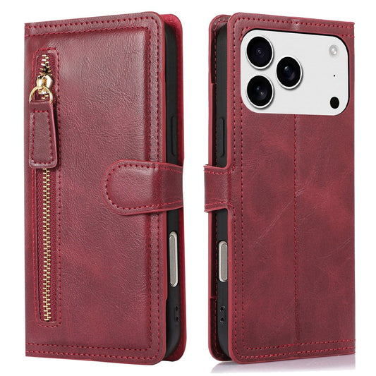 For iPhone 17 Pro Max Case Zipper Flip Leather Phone Cover with Card Holder - Red