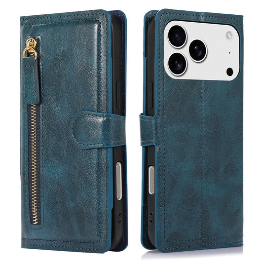 For iPhone 17 Pro Max Case Zipper Flip Leather Phone Cover with Card Holder - Blue