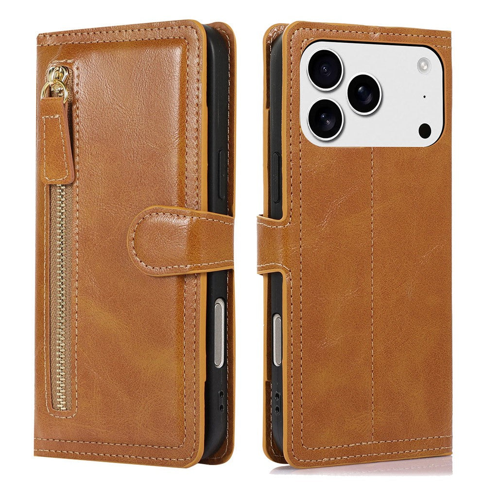 For iPhone 17 Pro Max Case Zipper Flip Leather Phone Cover with Card Holder - Orange