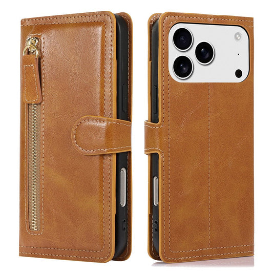 For iPhone 17 Pro Max Case Zipper Flip Leather Phone Cover with Card Holder - Orange