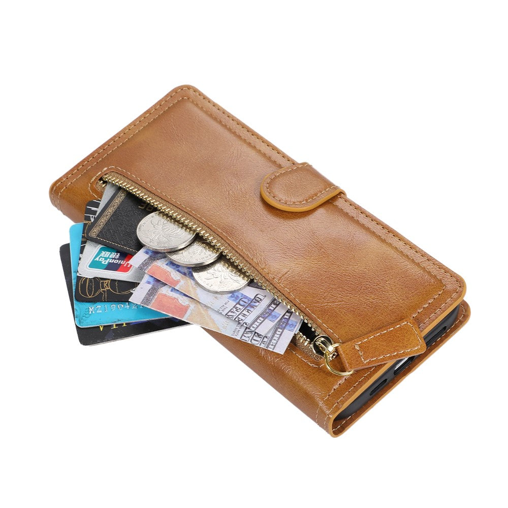 For iPhone 17 Pro Max Case Zipper Flip Leather Phone Cover with Card Holder - Orange