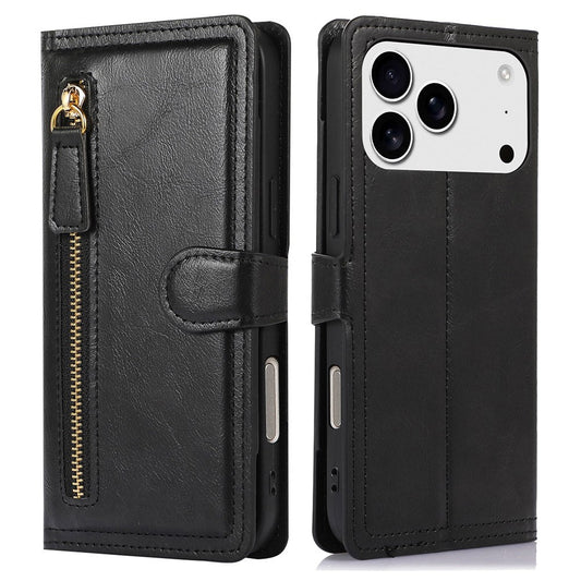 For iPhone 17 Pro Max Case Zipper Flip Leather Phone Cover with Card Holder - Black