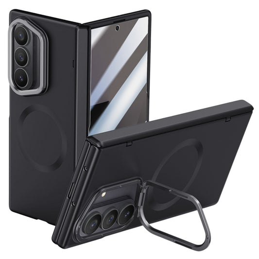 For Samsung Galaxy Z Fold7 5G Magnetic Case Hard PC Phone Cover with HD Tempered Glass Film, Lens Kickstand - Black
