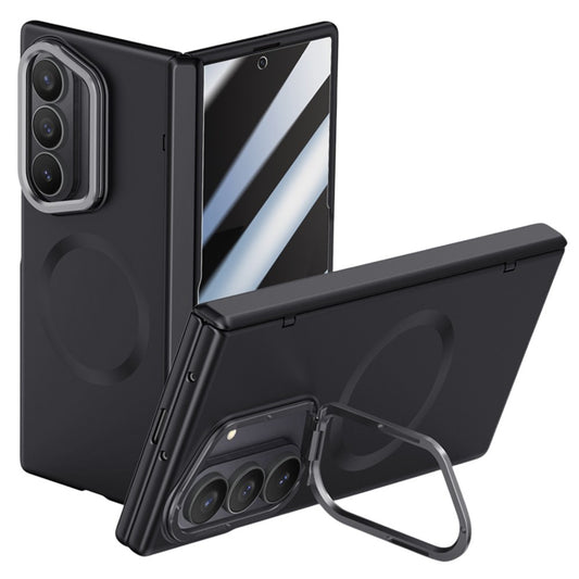 For Samsung Galaxy Z Fold7 5G Magnetic Case Hard PC Phone Cover with Privacy Tempered Glass Film / Lens Kickstand - Black